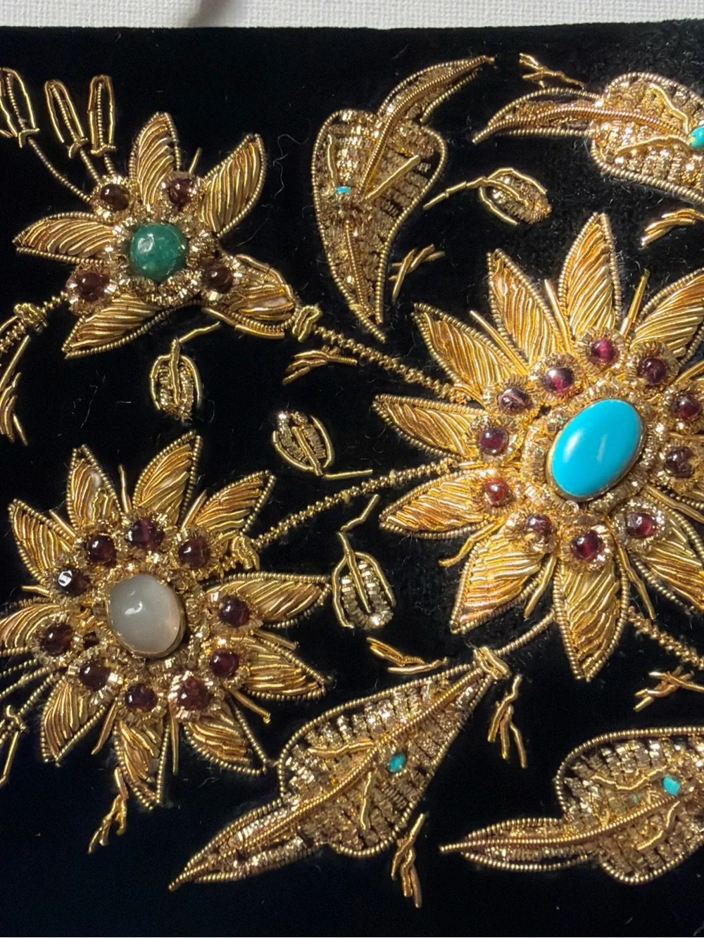 Black Velvet Embroidered Evening Clutch with Gold Floral Accents